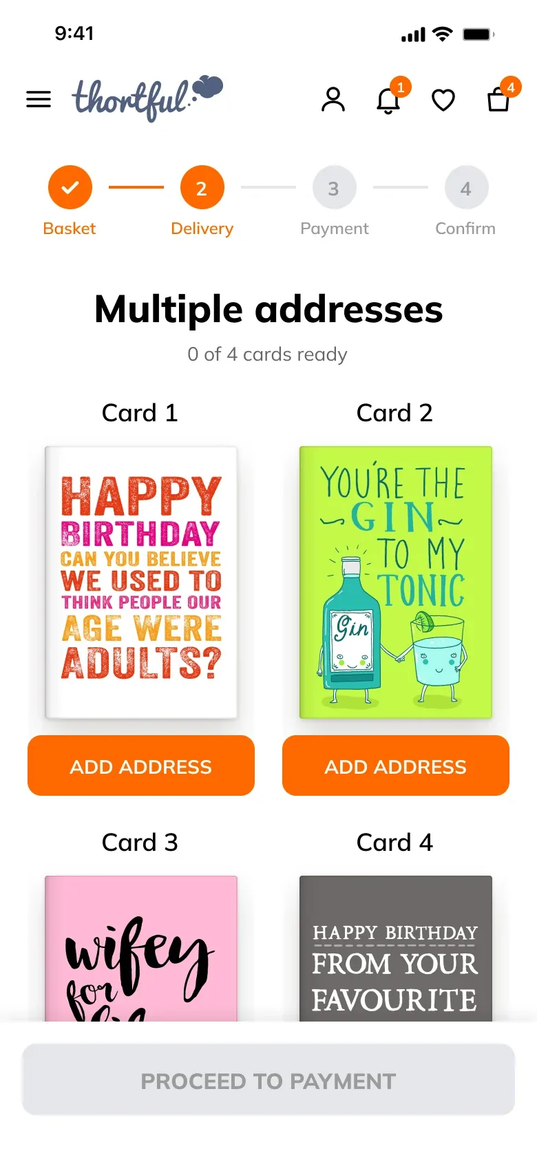 Multiple addresses: every card on one page, 0 of 4 ready