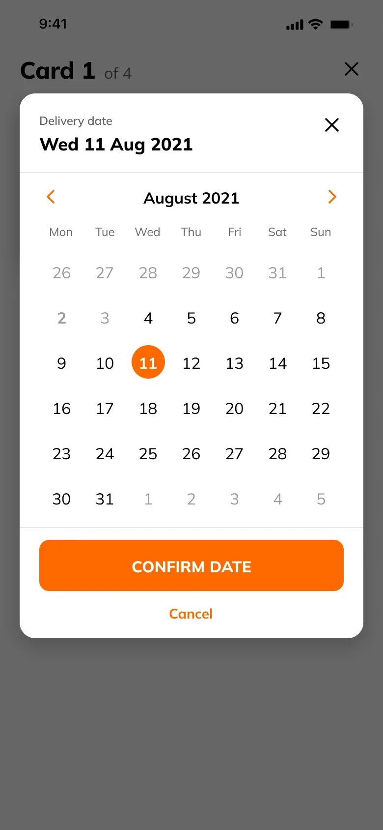 Card 1 of 4: picking a delivery date, with the other cards' dates marked